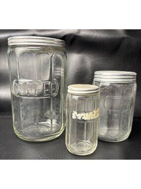 Hoosier Glass Canisters Coffee Tea Vintage Paneled Design Aluminum Lids